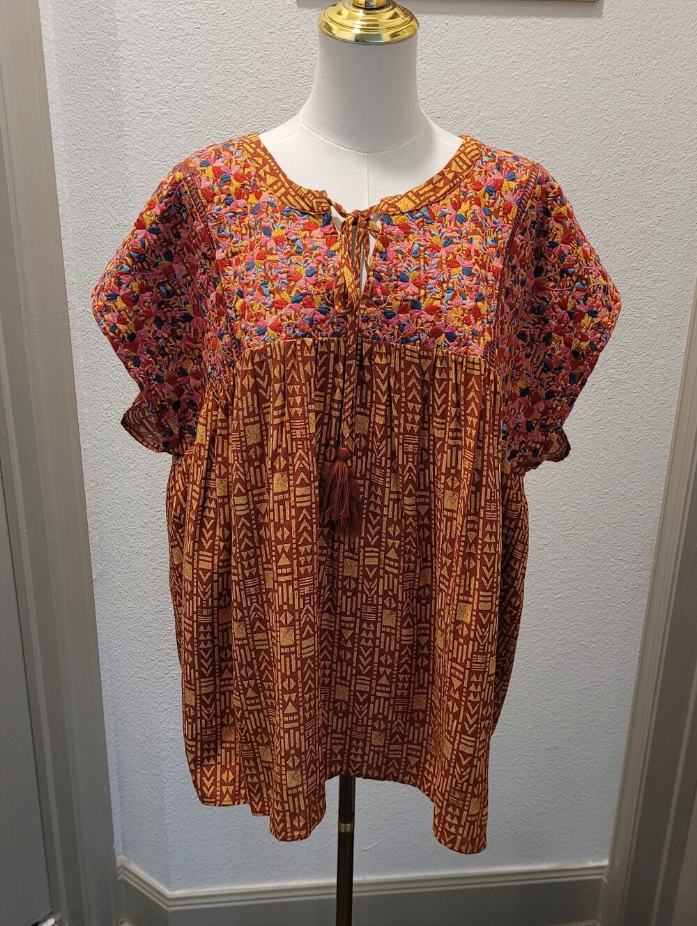 Boho Embroidered Rust Floral Tunic Top